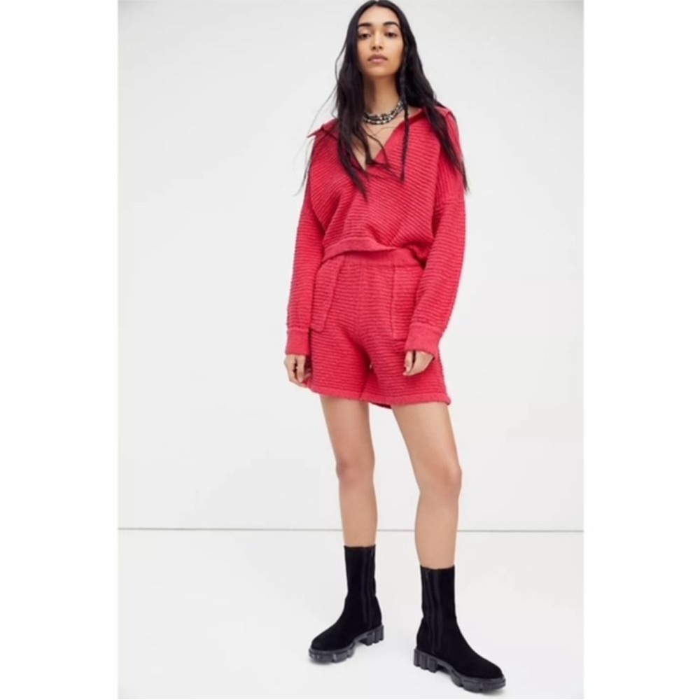 Free People Beach Carter Collared V Neck Polo Sweater Textured Fuchsia - Picture 6 of 7